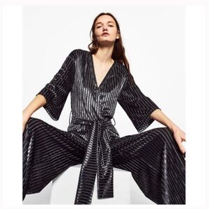 Zara Black and Gray Velvet Striped Wide Leg Jumpsuit